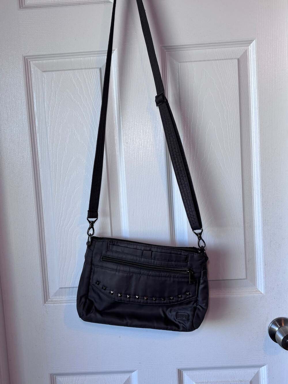 Lug Pacer Crossbody Bag Gray Studded Nylon Adjustable Strap Multi Pocket Purse